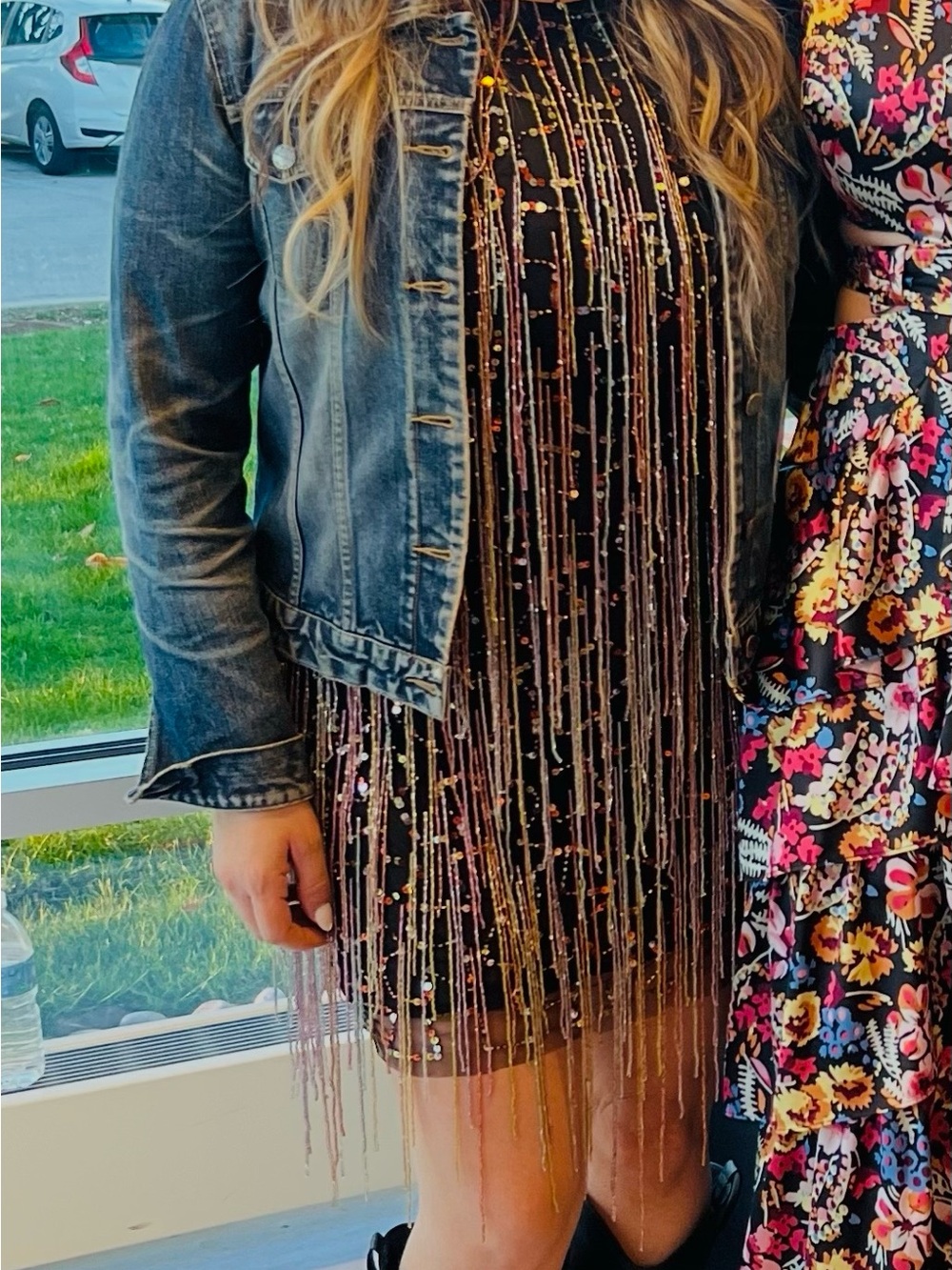 Nasty Gal Black Sequin Fringe Mini Dress with Gold & Pink Accents